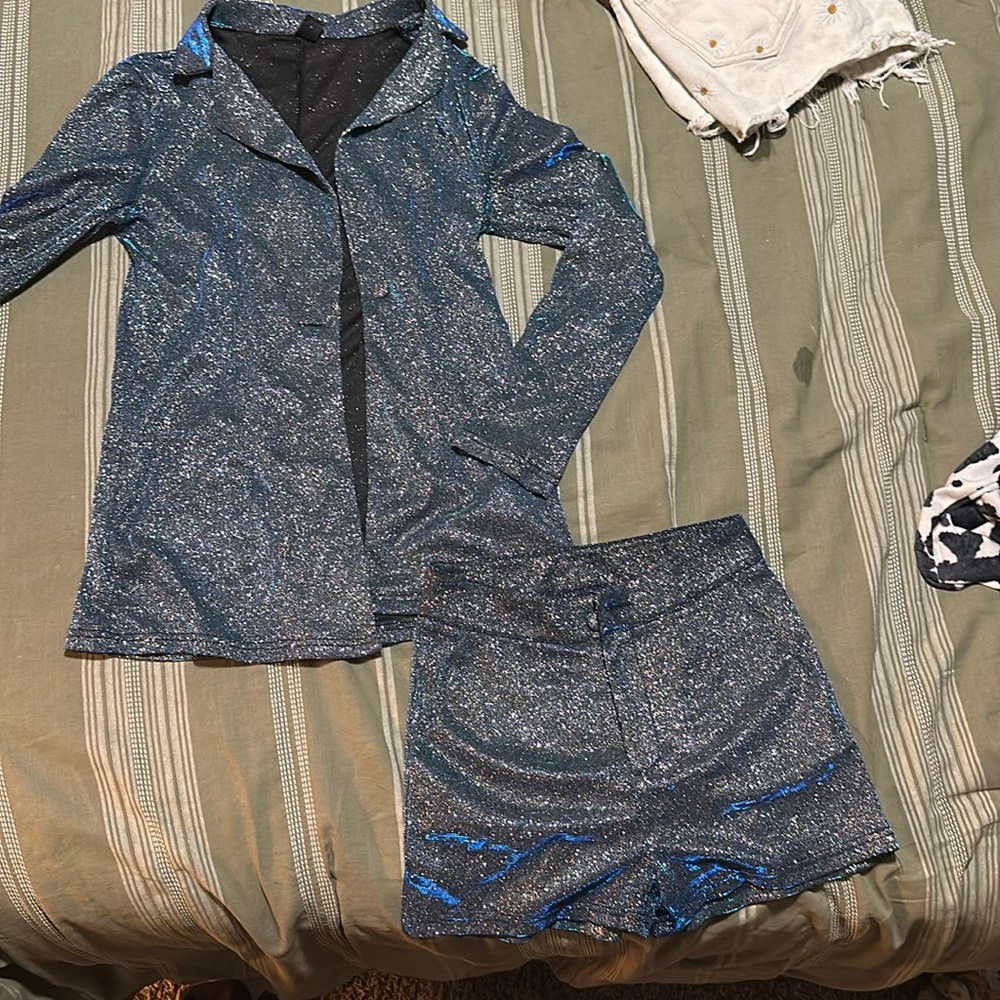 Blue sparkly blazor and short set